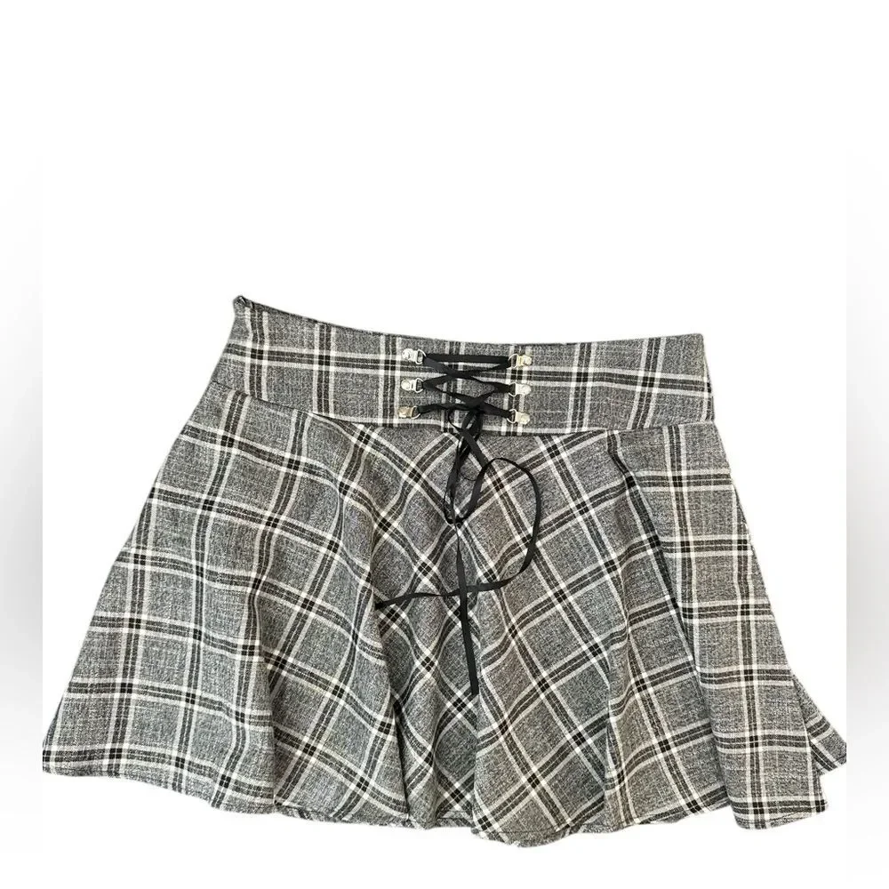 Gray Black Plaid Mini Skirt XL Lace Up Waist Schoolgirl Y2K Aesthetic Skirt